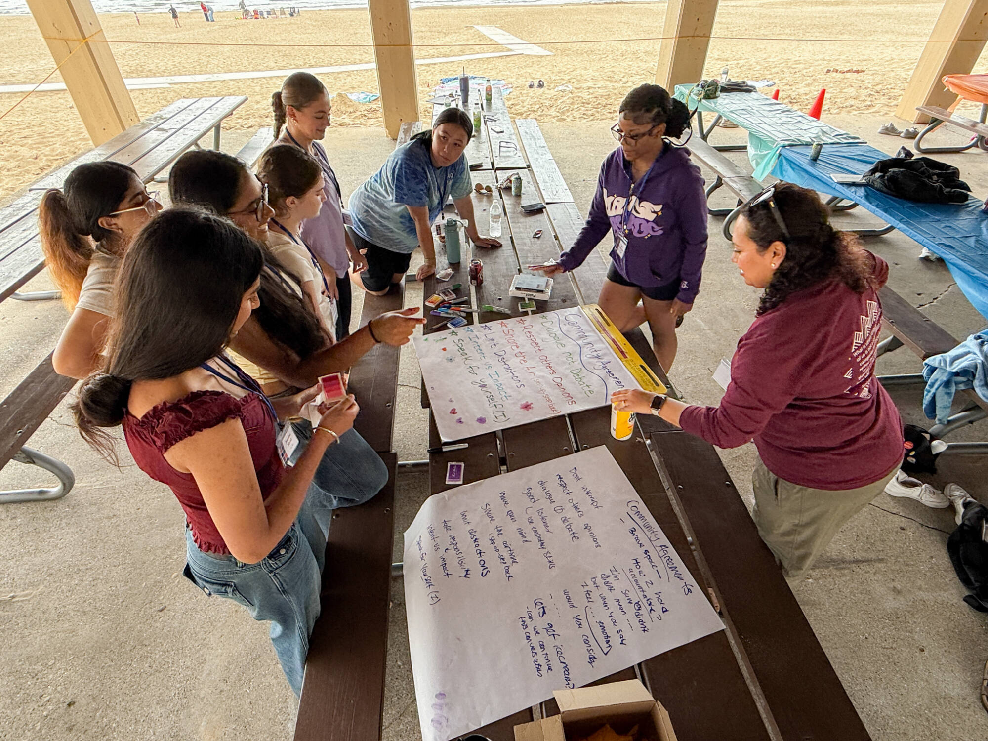 A group of students gathered around a table creating their community agreements on a large sticky note.